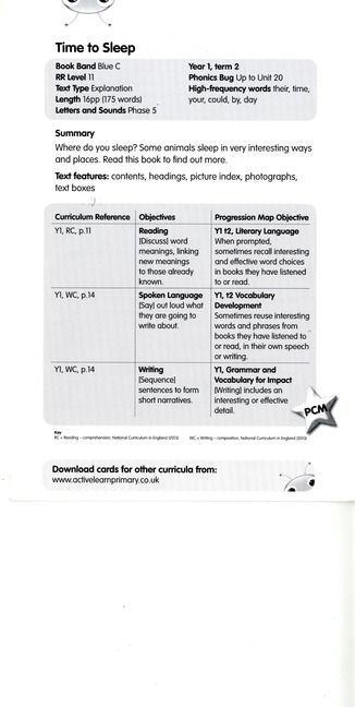 Bug Club Blue C (KS1) Time to Sleep Guided Reading Card | 0:e upplagan